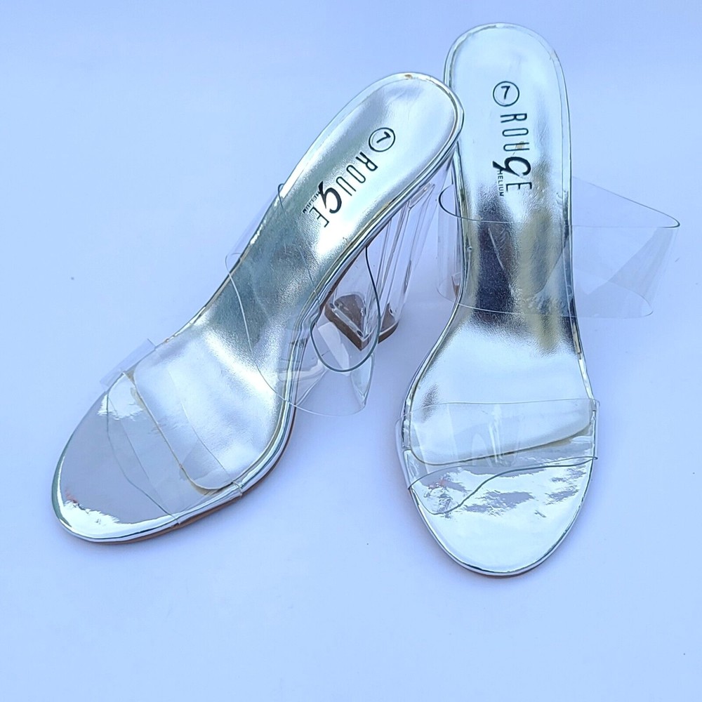 Rouge Helium Clear PVC Straps Slip On 4.5" Block Heel Sandals Sz 7 Silver NEW